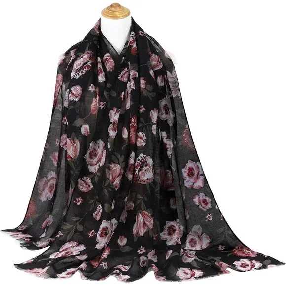 Women Black Fashion Flowers Print Scarves Winter Head Shawl Cotton Wrap - Picture 7 of 9